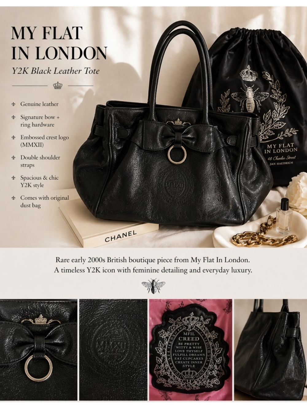 My Flat In London Y2K Black Leather Bow Tote Bag with Dust Bag